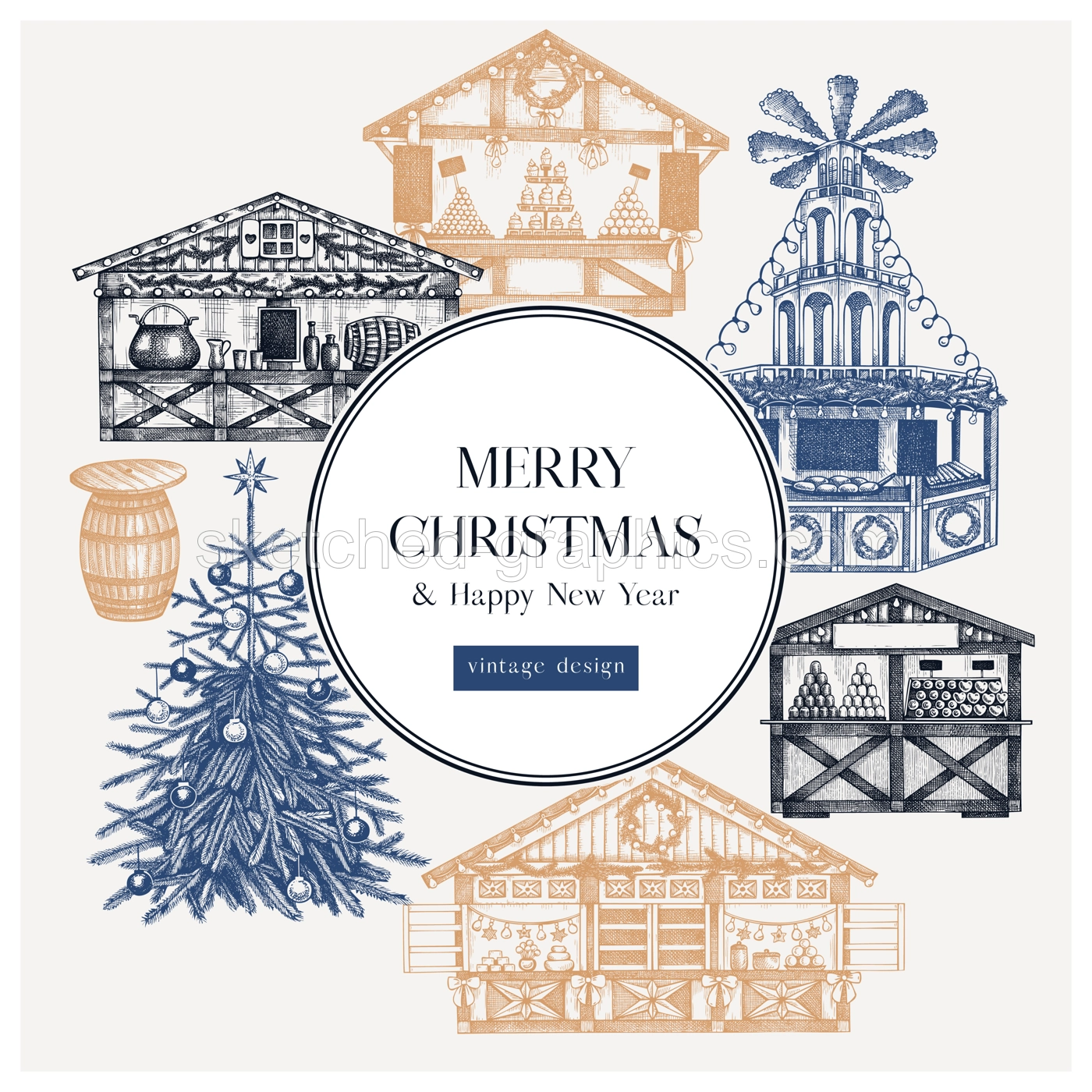 Vintage Christmas card or invitation template. Traditional European architecture. Christmas market with souvenir stalls, Christmas tree, fast food, candy shops sketches. Winter holidays background.  Illustration